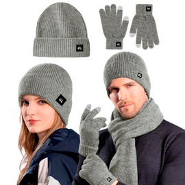 Bluelander Kit Gorro, Bufanda, Guantes Pantalla Tactil, Termicos, Frio para Mujer, Hombre, Set de 4 Piezas, Calidos, a Prueba de Viento, Ajustable, Invierno (Gris)