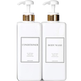Gold White Empty Plastic Pump Bottles Square Shampoo Bottle Conditioner Soap Lotion Refillable, BPA Free for Body Wash, Moisturizer, Face Cream, Liquid Hand Soap, Self-Tanner, Set of 2