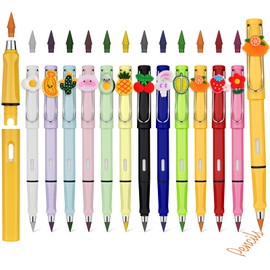 AUAUY 12PCS Colored Everlasting Pencils, Kawaii Infinity Pencils with Eraser and Colored Replacement Nibs, Reusable Inkless Pencil for Writing, Drawing, Students Home Office School Supplies（12 Colors）