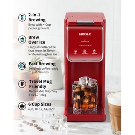 KIDISLE Single Serve Coffee Maker for K Cup & Ground Coffee – Hot & Iced, 6-16oz Sizes, 40oz Water Tank, Reusable Filter, Compact for Home Office Dorm, Red