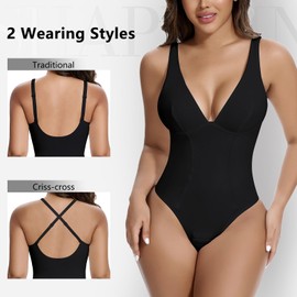 SHAPERIN Women's Deep V Neck Bodysuit Plunge Double Layer Tummy Control Shapewear Thong Body Suits (Large,Black)
