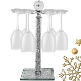 Crystal Wine Glass Holder, 14"H Desktop Rotate Glass Stemware Rack, Crushed Diamond Home Decor, 6 Hook Countertop Wine Glass Rack, Cup Drying Storage Holder for Kitchen, Hotel Banquet, Party (Silver)