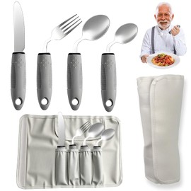 4-Piece Parkinson Cutlery Left-Handed Stainless Steel with Fabric Bag, 42° Angle Adaptive Cutlery Set, Handle Thickening Cutlery, 85 g Weight, Eating Aids for Hand Tremors, Arthritis and Disabled