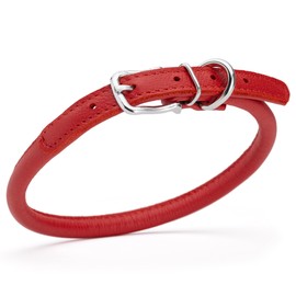 Dogline Soft and Padded Rolled Round Leather Collar for Dogs W3/8" - L16"-19", Red