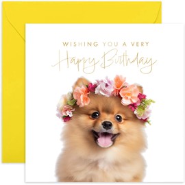 Old English Co. Pomeranian Puppy Very Happy Birthday Card for Her - Cute Pomeranian Dog Floral Birthday Card for Women - Cute Birthday Cards for Sister, Mum, Daughter, Friend | Blank Inside Envelope