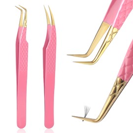 Tyqour Pack of 2 Eyelash Tweezers, Tweezers with Curved Tips, Made of Stainless Steel, Professional Eyelash Tweezers for Eyelash Extensions, Pink