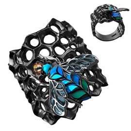 EjszaKod Black Honeycomb Cute Bee Band Rings | Mens Womens Wide Black Stainless Steel Yellow Cubic Zirconia CZ Thumb Unisex Ring for Him and Her (8)