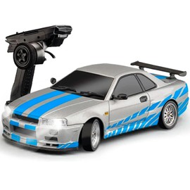 Moonzeamus LD1899 1:18 RC Drift Car GTR R34 2.4GHz RWD with Gyroscope on-Road Alloy Body Shell Racing Cars Radio Control (Silvery)