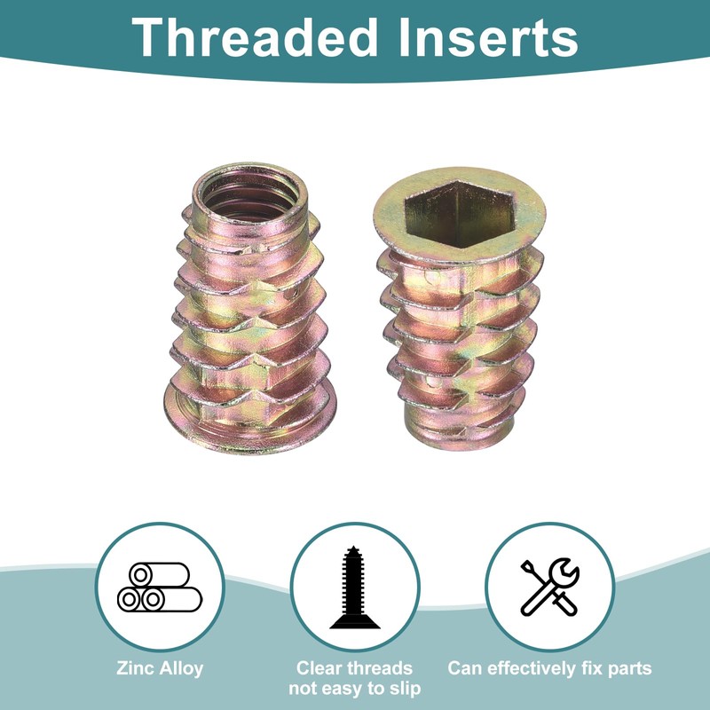 sourcing map 25Pcs Threaded Inserts, 3/8"-16x1" Zinc Alloy Hex-Flanged Nut