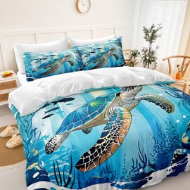 Chumerry Sea Turtle Comforter Queen Navy Blue Ocean Bedding Set 4 Pcs Water Grass Coral Fish Sealife Coastal Theme Super Soft Cozy Girls Boys Sea Animal Bed Comforter Set