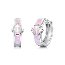 Opal Anchor Earrings Women's 925 Sterling Silver Hoop Earrings Opal Anchor Small Huggie Hoop Earrings Anchor Jewellery Gifts for Women Girls, Sterling Silver, Opal