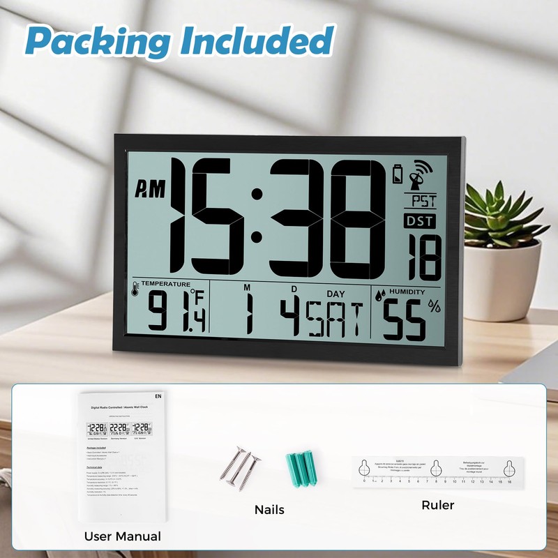 Amgico Digital Wall Clock,16.7" Large Display Atomic Clock, Battery Operated,Digital