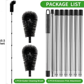 Gutter Cleaning Tools, 10.5 Feet Gutter Cleaning Tools from The Ground with 8 Stainless Steel Tubes and 2 Brushes, Adjustable Gutter Cleaner and Brush to Easily Remove Leaves and Debris from Gutters