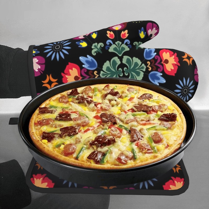 Oven Mitts and Pot Holder Set with Flower Pattern for