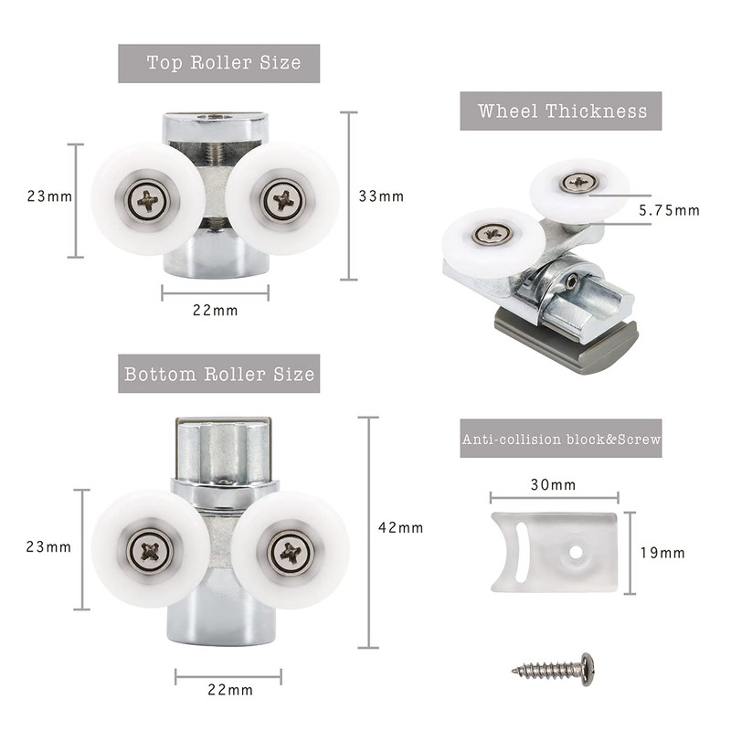 4pcs Shower Door Twin Rollers - 2 Top & 2