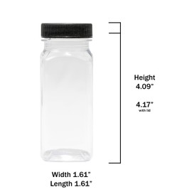 Baire Bottles Clear Plastic Square Bottles - 4 Ounce Containers, 6-Pack - Black Lids - Organize Your Kitchen, Craft Room, Garage or Create Wedding and Party Favors - Including One 2 oz Matching Bottle
