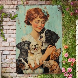 Vintage Crazy Dog Lady Metal Tin Sign Wall Art, Iron Foil Engraving Home Decor Plate for Living Room, Kitchen, Cafe, Garage - Whimsical Pet Dogs Decorative Plaque, 8x12 Inches