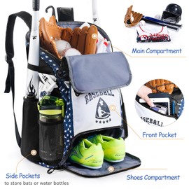 VIGEGARI Baseball Bag for Youth & Adult with 4 Bat Sleeves - Softball Bat Bag with Shoe Compartment - Baseball Backpack for T-Ball, Softball Equipment, Baseball Gear, Baseball Bags for Boys 8-12