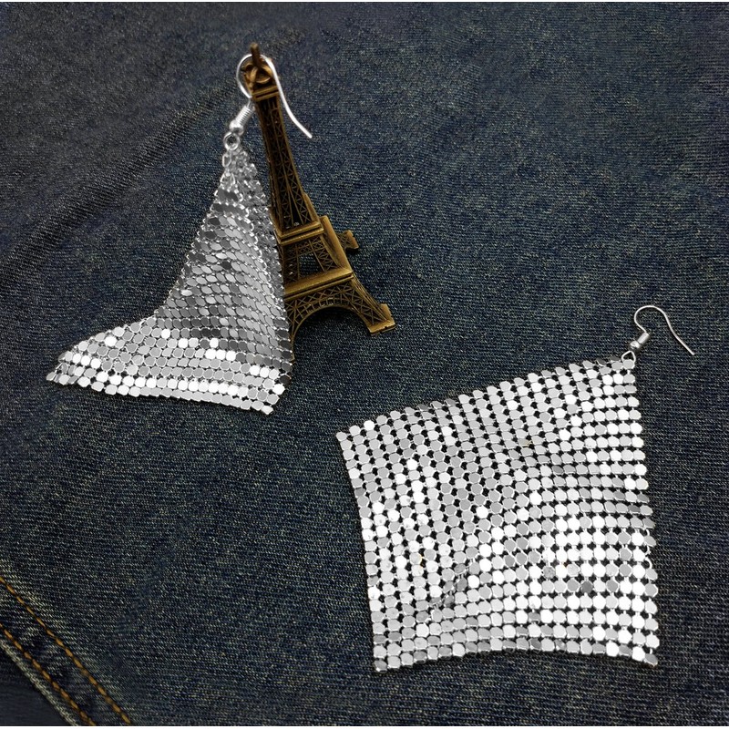 Suyi Trendy Women Earrings Metal Mesh Grid Sequins Tassel Long