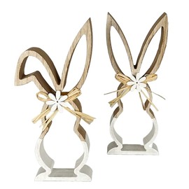 Macosa HN68059_x2 Decorative Rabbits Set of 2 Wooden Brown White 22 cm Modern Easter Bunny Straw Flowers Easter Decoration Wooden Rabbit Easter Decoration Table Decoration Rabbit Couple Decorative