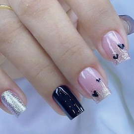 Glitter Heart Press on Nails Medium - French Tip Fake Nails with Heart Design Square Glue on Nails Sparkly Stick on Nails Full Cover Acrylic Nails Glossy Cute Artificial Nails Valentine Manicure Decor