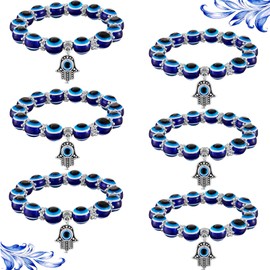 6 Pieces Evil Eye Bracelet Hamsa Blue Beaded Charm Stretch Bracelet Hand of Fatima Turkish Lucky Evil Eye Bracelet for Protection and Blessing