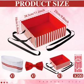 SATINIOR 204 Pcs 1950s Adult Popcorn Waiter Costume Paper Popcorn Bags Red White Striped Apron Chef Hat Bow Tie and Snack Tray for Movie Night Carnival Circus Birthday Party