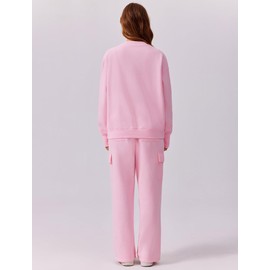 PINSPARK Womens Sweatsuits 2 Piece Set 2024 Fall Fashion Oversized Lounge Sets Fleece Crewneck Sweatshirts Wide Leg Cargo Sweatpants with Pockets Cozy Tracksuits Loose Travel Outfits, Pink Medium