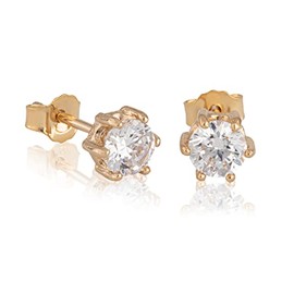 NKlaus Pair of Stud Earrings Gold-Plated White Cubic Zirconia Solitaire 5 mm Claw Setting Women's Earrings 5359, Yellow Gold