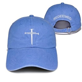 Giavuwn Christian Redeemed Cross Nails Hats for Men Women, Vintage Adjustable Cotton Embroidered Front & Back Baseball Cap, Christian-sky Blue, One Size