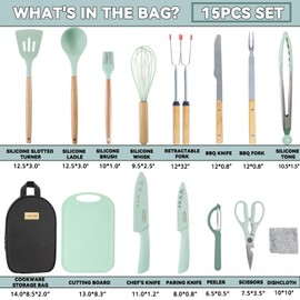 Camkinger Camping Silicone Kitchen Utensils Cooking Equipment Set - 15 Pcs Green Camping Cookware Set, Outdoor Camping Essentials Accessories, Camping Gear for Travel, Camping Gifts for Men Women