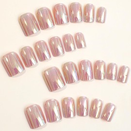 24Pcs Short Press on Nails Pink Fake Nails Cute False Nails with Plating Designs Square Shaped Acrylic Nail Pure Pink Glue on Nails Full Cover Glossy Artificial Nails Stick on Nails for Women