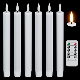 DRomance White Flameless Flickering Taper Candles Battery Operated with Remote and Timer 6 Packs 3D Wick Vertical Stripe Real Wax LED Taper Candles Wedding Dinner Holiday Decor(0.78 x 9.64 Inch)