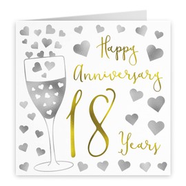 Hunts England - 18th Wedding Anniversary Card - Happy Anniversary - 18 Years - Silver Hearts Collection - For Couples, Friends, Him, Her