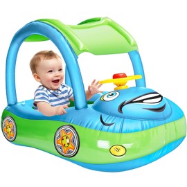 iGeeKid Inflatable Baby Pool Float with Canopy, Safty Seat for Infant Baby Swim Float Rings Car Shaped Swimming Pool Floaties for Babies Toddler Age of 6-36 Months (Light Blue)