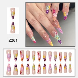 Vezocim Flower Press on Nails Pointed Medium Length, 24Pcs Full Cover Reusable Glossy Fake Nails Set, Artificial Fingernails False Nails with Summer Floral Designs, Glue Stick on Nails with Charm