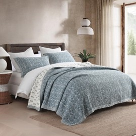 QuiltMuse Queen Quilt Bedding Set - 100% Cotton Lightweight Soft Grayish Blue Quilt Bedding Set, Floral Botanical Design Bedspread, Chic and Farmhouse Queen Coverlet for All Season, 90"x98"