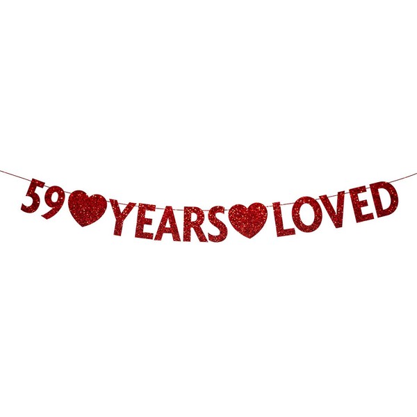 Red 59 Year Loved Banner, Red Glitter Happy 59th Birthday Party Decorations, Supplies