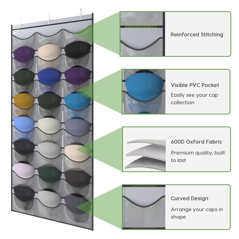 Unjumbly Baseball Hat Rack, 24 Pocket Over-The-Door Hat Organizer with