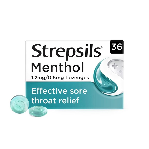 Strepsils Menthol Lozenges, 36s, Gluten Free, Sore Throat Relief, Soothes Sore Throat, Fights Infection, Works in 5 Mins