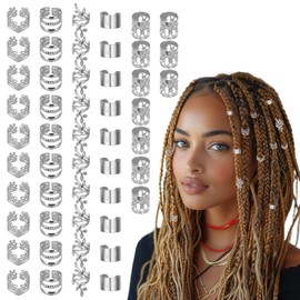 BOHUIZ 50PCS Silver Hair Jewelry for Braids Accessories Loc Jewelry for Hair Dreadlocks Adjustable Hair Rings Hair Cuff Hair Charms Braid Jewelry Hair Beads Decorations for Men Women(Silver)