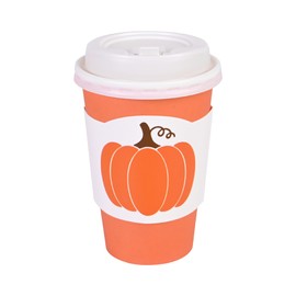 50Pcs Fall Disposable Coffee Cups with Lids and Sleeves Pumpkin Thanksgiving Orange 12oz Paper Drinking Cups To Go for Autumn Harvest Birthday Baby Shower Party Supplies