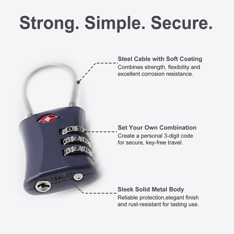 TSA Locks for Luggage, Small Combination Padlock with Cable, Luggage