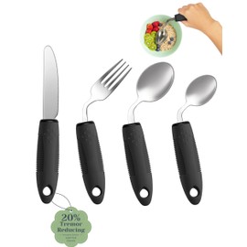 CuraVita Adaptive Utensils Set (4-Piece) – 42° Angled, 3 oz Weighted Silverware for Parkinson's, Hand Tremors and Arthritis – Easy-Grip Ergonomic Eating Aids (Left-Handed)