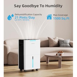 1500 Sq. ft Dehumidifier for Basement and Large Room, 21 Pints Dehumidifiers for Home with Drain Hose, Intelligent Humidity Control, 3 Modes, 24H Timer, Ideal for RV, Bathroom, Bedroom