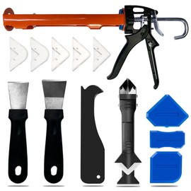 Caulk Gun, Caulking Tool Kit and Caulk Remover,Sealant Finishing Tool Grout Scraper,Great Silicone Gun Tools for 10oz Caulk tubes, Trigger Comfort Grip and Iron Smooth Rod 8:1 Thrust Ratio
