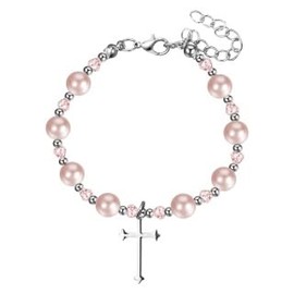 Flongo Cross Rosary Bead Bracelet Women: Pink Christian Cross Pendant Pearl Necklace Bracelet Stainless Steel Material Catholic Orthodox Suitable for Mother Girlfriend Daughter, Stainless Steel