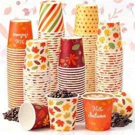 300Pcs Fall Thanksgiving Paper Cups 4Oz Colorful Pumpkin Maple Leaves Small Disposable Coffee Espresso Cup Hello Autumn Drinkware Set for Harvest Holiday Supplies, 6 Styles