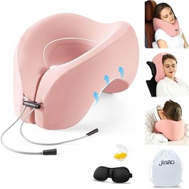 jiaao Neck Pillow Airplane with 360-Degree Head Support, Memory Foam 2-in-1 Travel Pillow, Portable Adjustable Neck Pillow for Airplane, Car, Train, Bus Trip and Home Use-Grey - Color: Light Pink