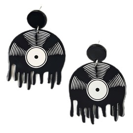 Funny Melting Vinyl Record Stud Earrings for Women Acrylic Music Dangle Jewelry Statement Charm 70s 80s 90s Retro Gifts (Black)